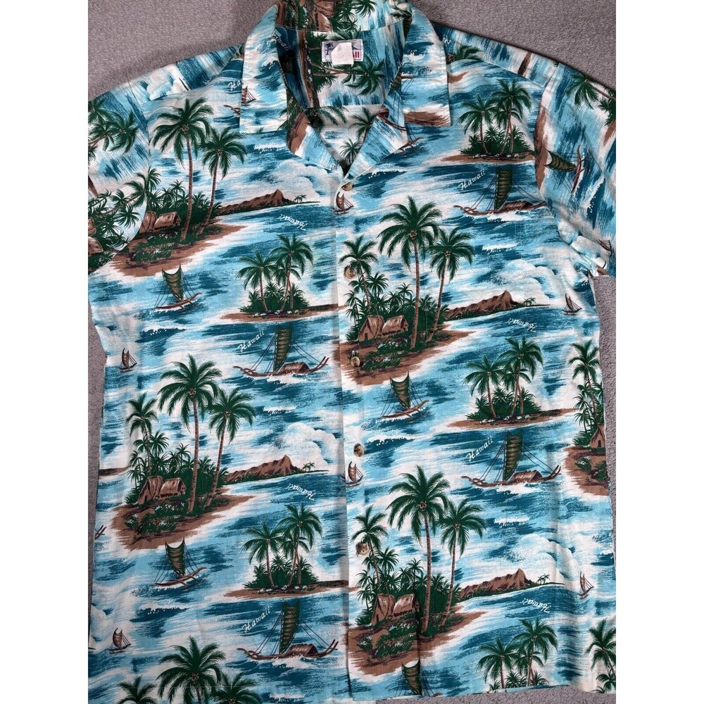 Vintage‎ Hawaii Brand Hawaiian Shirt Men’s XL Sailing Island AOP Blue Tropical - Picture 2 of 11